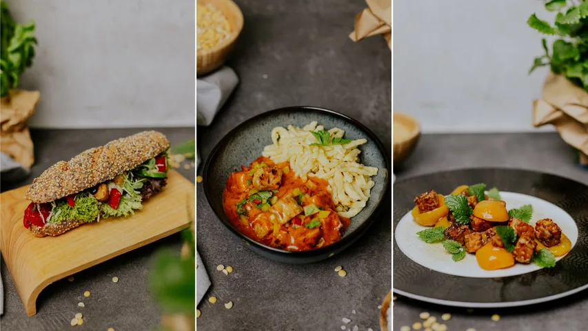 Gerichte mit Tempeh: ein belegtes Kornstangerl, Spätzle mit Paprikasauce und Tempeh auf gerösteten Marillen