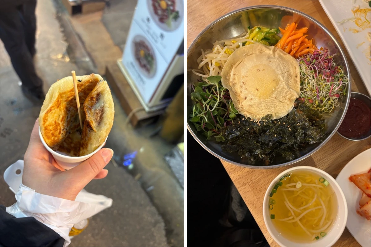 Links Hotteok, rechts Bibimbap im Lokal Vegan Insa