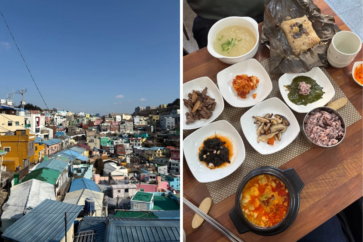 Links der Ausblick über das Kulturdorf Gamcheon, rechts eine Speisenauswahl im Lokal Soban Vegan