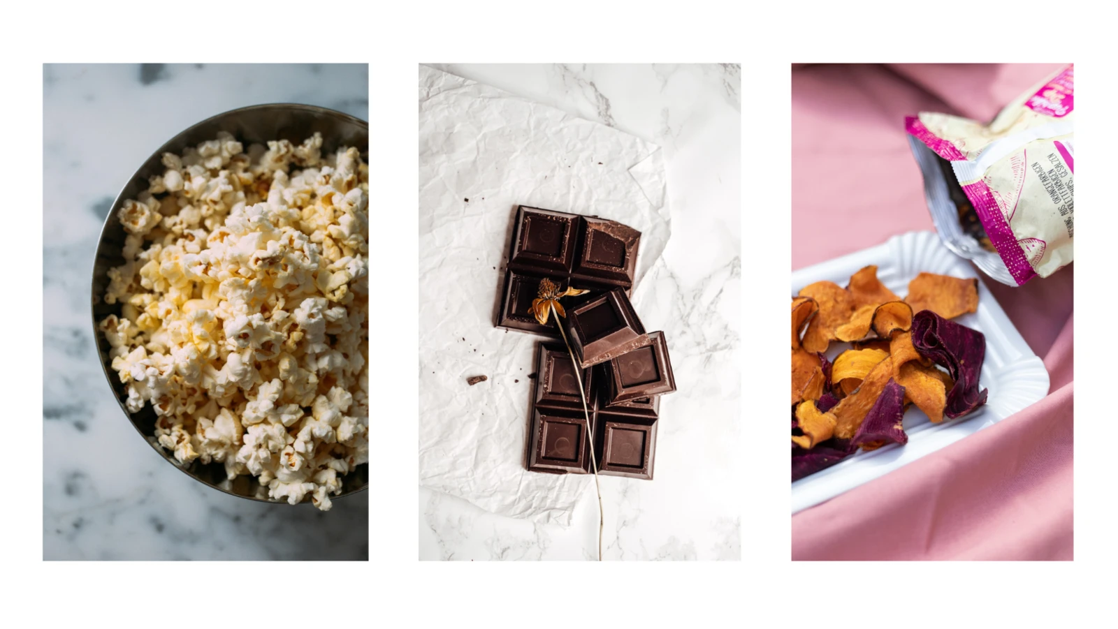 Popcorn, Schokoladestückchen und Gemüsechips