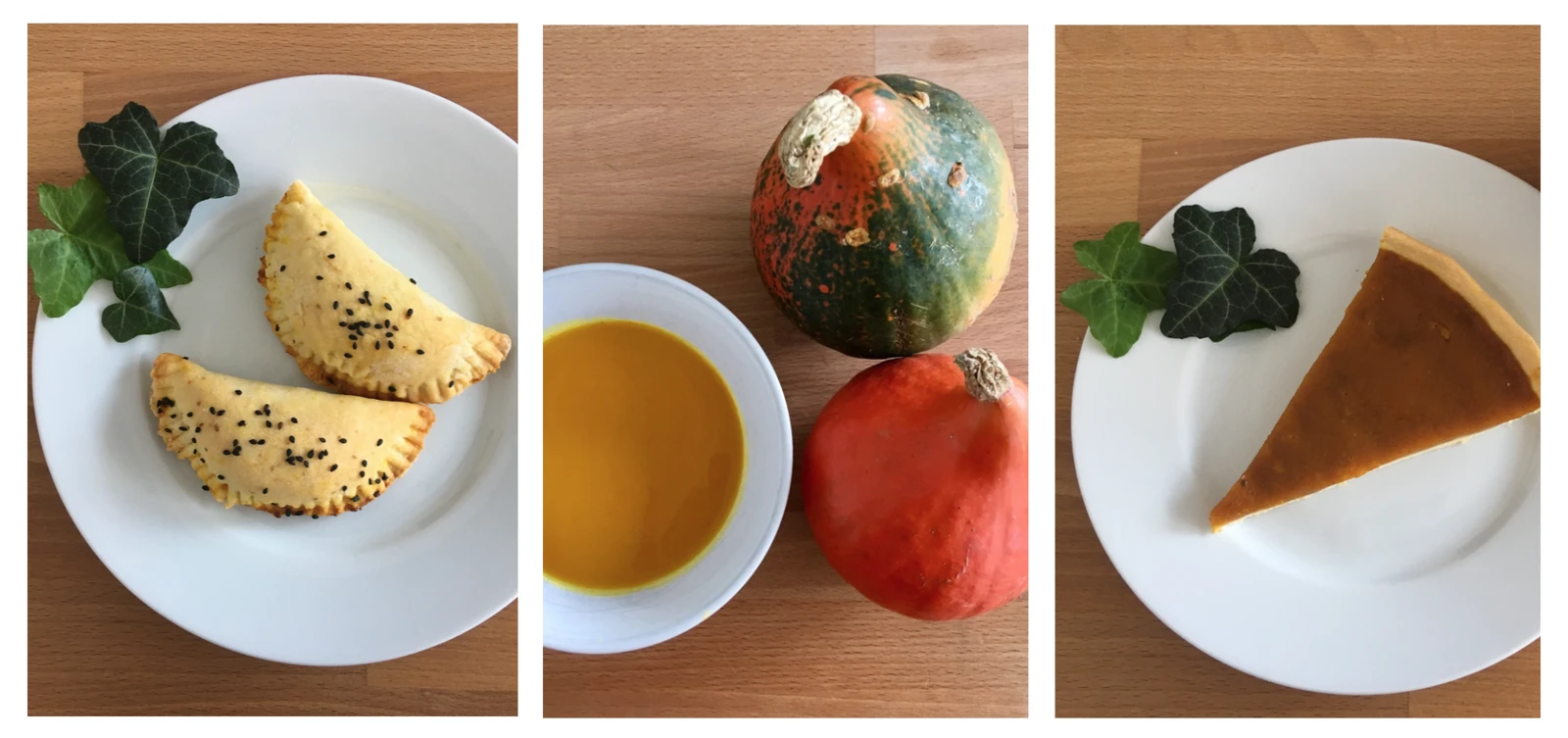 Rezeptfotos von Suppe, Empanadas und Pie mit Kürbis