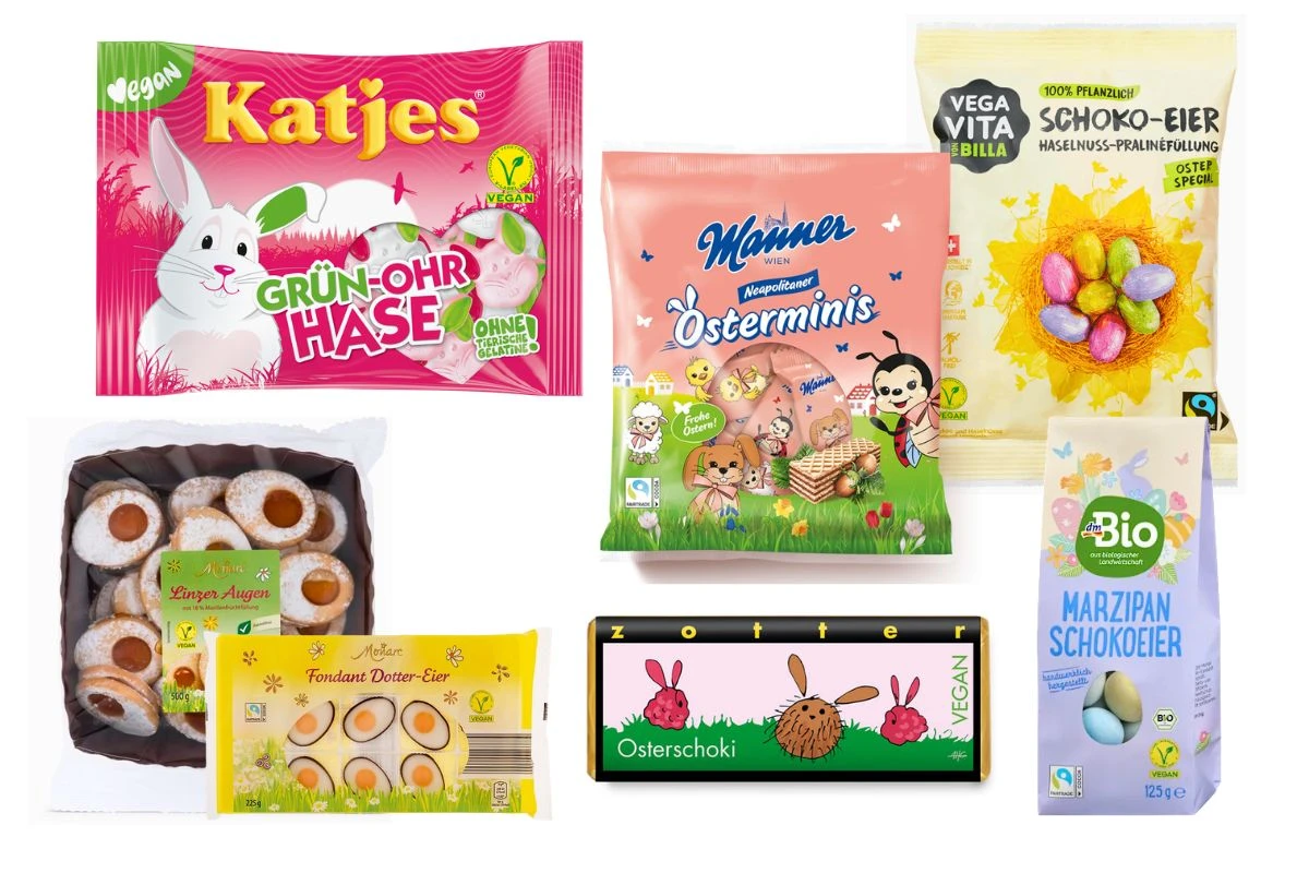 Eine Auswahl an veganen Ostersüßigkeiten in einem Produktüberblick.