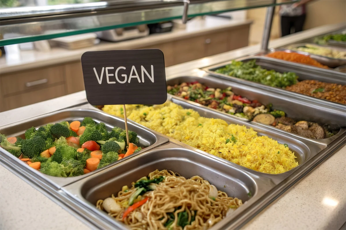 Foto eines Kantinenbuffets mit pflanzlichen Speisen in mehreren Behältnissen und einem Schid mit der Aufschrift Vegan